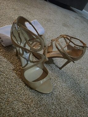 Jimmy Choo Nude Patent Leather Strappy High-Heel Sandals Lang Sz 38